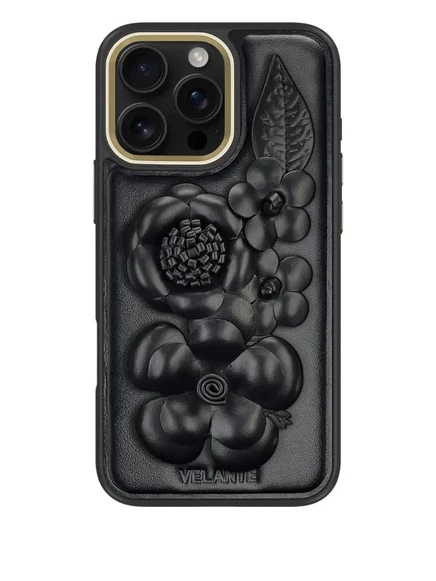 Кожаный чехол для iPhone 16 Pro Max с цветочным тиснением VELANTE black