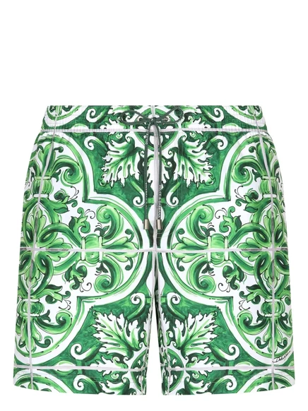 Мужские плавательные шорты Dolce & Gabbana с принтом Majolica, зеленые