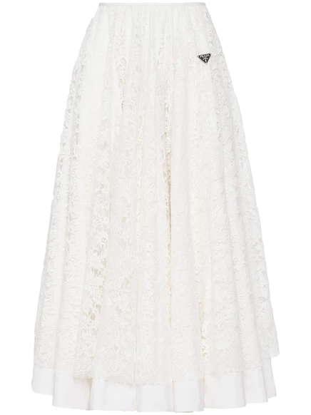 Хлопковая юбка миди с цветочным узором и кружевом от Prada white