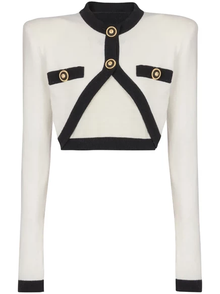 Женский короткий вязаный кардиган Balmain, бело-черный