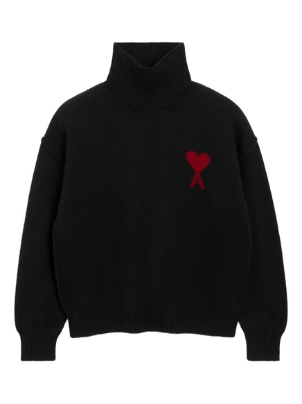 Шерстяной свитер AMI Paris Ami De Coeur с воронкообразным вырезом black
