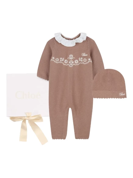 Комплект для девочки Chlo Kids: комбинезон с вышивкой и шапочка, коричневый