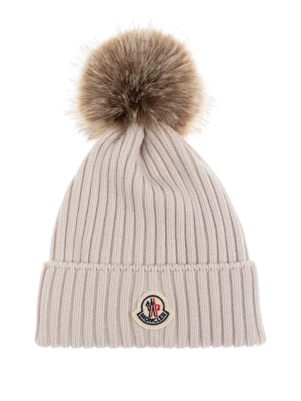 Детская шапка Moncler Enfant с помпоном и логотипом, бежевая