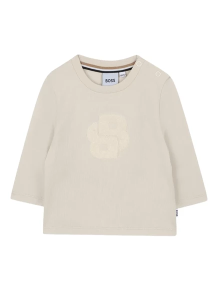 Детская футболка Boss Kidswear с длинным рукавом и вышитым логотипом, светло-бежевая