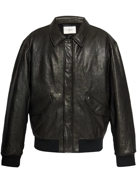 Мужская кожаная куртка Saint Laurent бомбер, черная