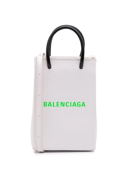 Сумка-держатель для телефона с логотипом Balenciaga из телячьей кожи, бывшая в употреблении в 2020 году, Мини-сумка-держатель для телефона с логотипом Balenciaga. white