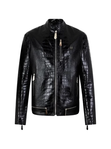 Мужская кожаная куртка Philipp Plein с крокодиловым тиснением, черная