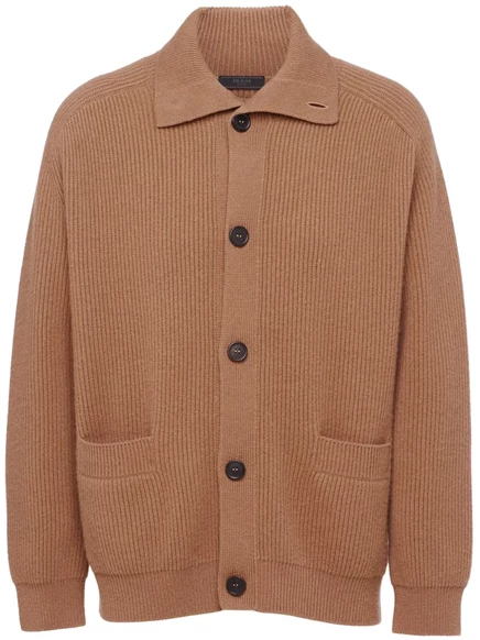 Кашемировый кардиган вязаный в рубчик от Prada brown