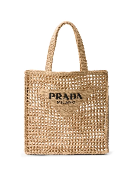 Женская сумка-тоут Prada из рафии с треугольным логотипом, бежево-черная