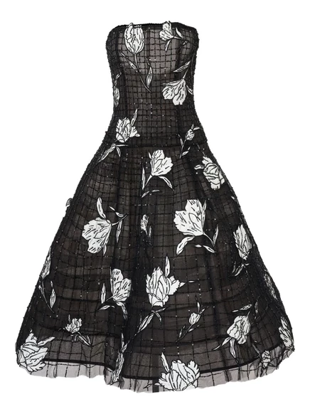 Тюлевое платье в клетку Carolina Herrera с цветочной вышивкой black