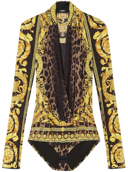 Боди с драпировкой из шелка Versace Wild Barocco yellow