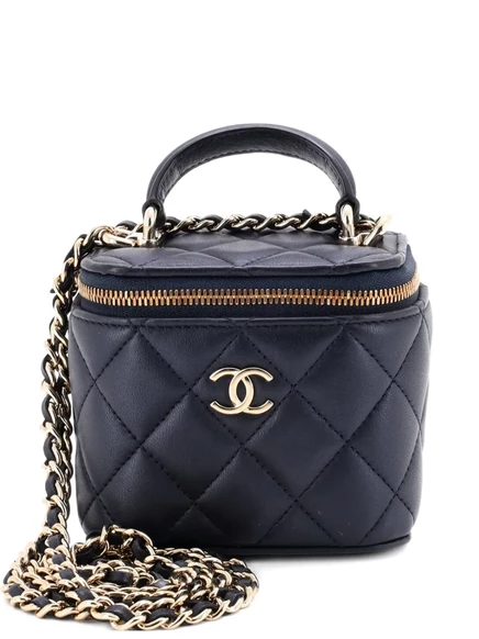 Бывшая в употреблении классическая сумочка для туалетного столика CHANEL с верхней ручкой и цепочкой, мини-сумка через плечо из стеганой овечьей кожи