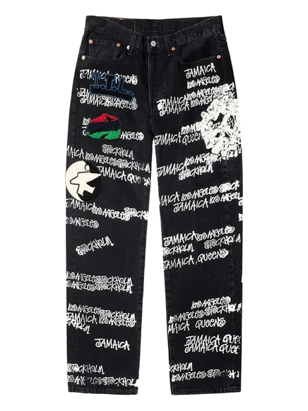 Мужские джинсы Denim Tears прямые с граффити, черные