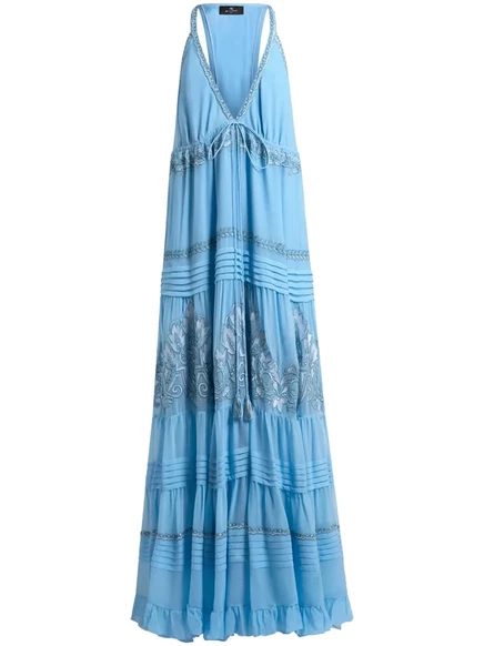 Шелковое платье ETRO с цветочной вышивкой blue