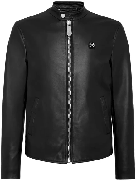 Мужская кожаная куртка Philipp Plein с логотипом, черная