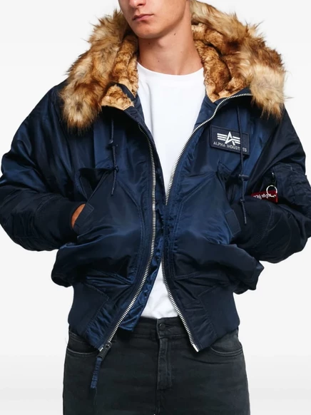 Мужской бомбер Alpha Industries 45P меховой капюшон, синий