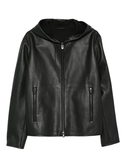 Мужская кожаная куртка Emporio Armani с капюшоном, черная