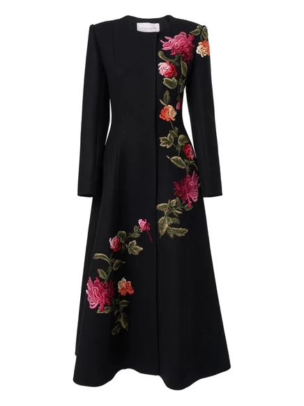 Пальто а-силуэта, расшитое хризантемами Carolina Herrera black