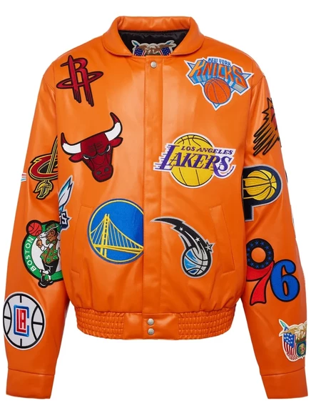Мужская кожаная куртка Jeff Hamilton x NBA Collage, оранжевая