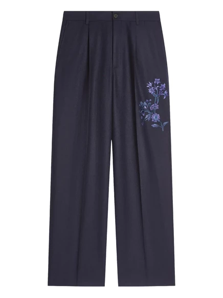 Мужские шерстяные брюки Dries van Noten с цветочной вышивкой, синие