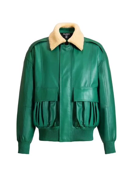 Мужская куртка-бомбер Balmain из кожи, зеленая