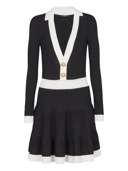 Плиссированное трикотажное платье Balmain с v-образным вырезом black