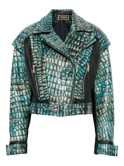 Женская кожаная куртка MITILIANE COUTURE тиснёная под крокодила, бирюзовая