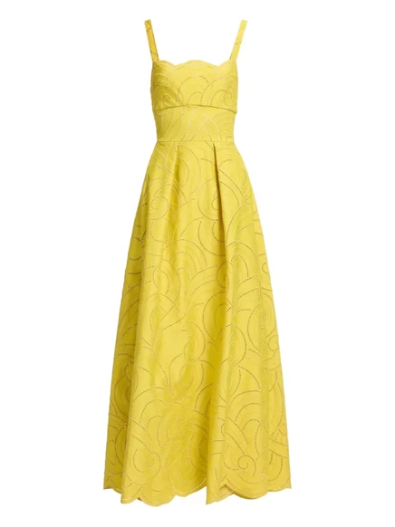 Хлопковое макси-платье Elie Saab с вышивкой в виде водоворота yellow