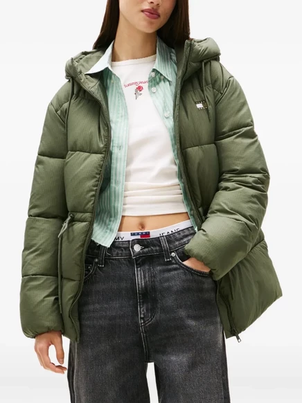 Женский стеганый пуховик Tommy Jeans с капюшоном, зеленый