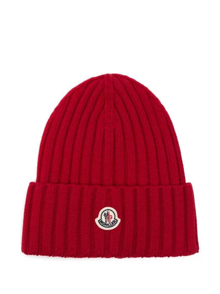 Шапка Moncler шерстяная с отворотом и логотипом, бордовая