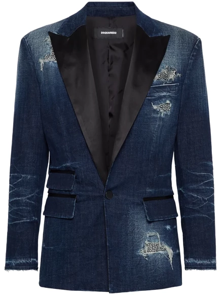 Мужской джинсовый пиджак DSQUARED2 с рваной отделкой, синий