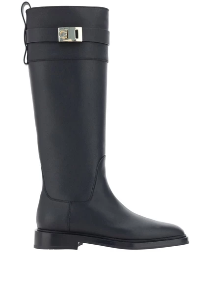 Женские сапоги Ferragamo до колена с пряжкой, черные