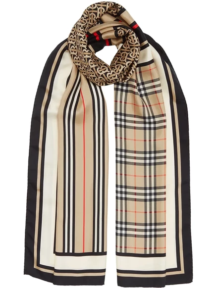 Шелковый шарф с монограммой Burberry, значком в полоску и принтом в клетку neutrals