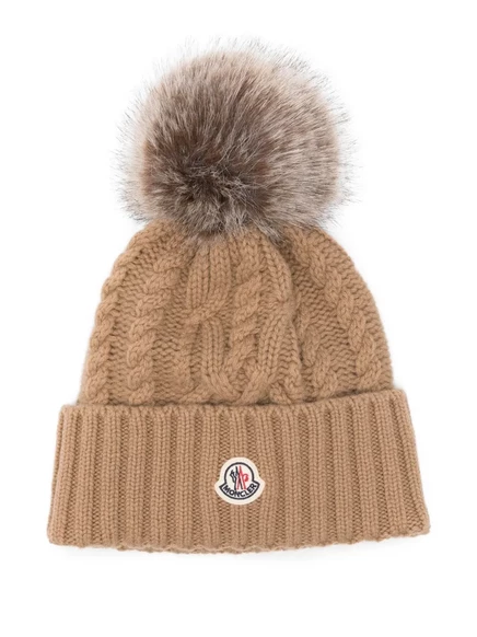 Женская вязаная шапка Moncler с помпоном, коричневая