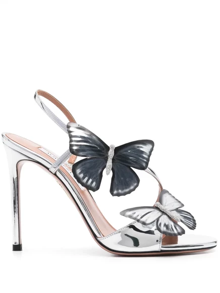 Босоножки Aquazzura с бабочкой длиной 110 мм, украшенные деталями silver