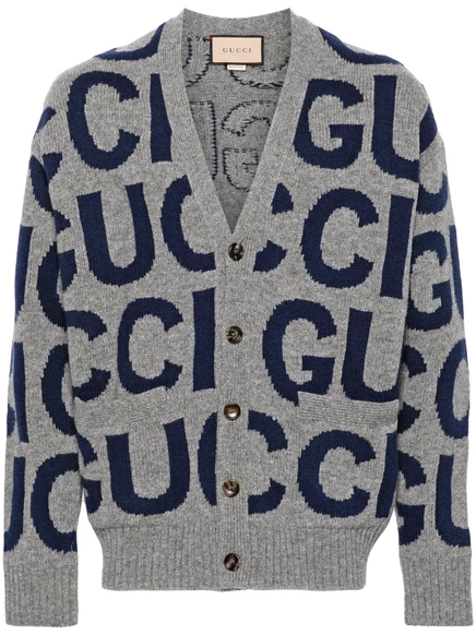 Мужской кардиган Gucci из шерсти с интарсией логотипа, серый