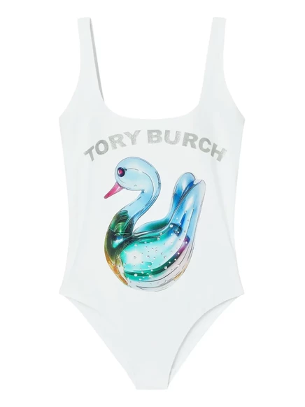 Женский слитный купальник Tory Burch с принтом утки, белый