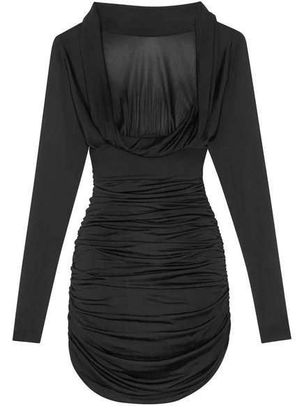 Платье с закругленным низом и длинными рукавами и рюшами от Saint Laurent black