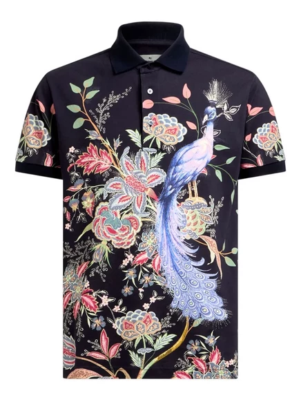 Мужская поло Etro Flowers and Peacock, темно-синяя