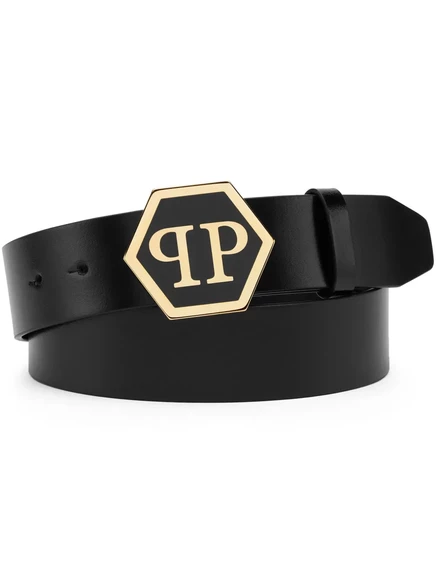 Мужской кожаный ремень Philipp Plein с логотипом на пряжке, черный
