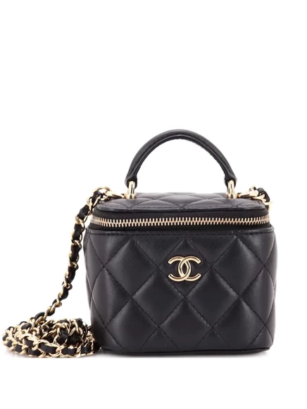 Бывшая в употреблении классическая сумочка для туалетного столика CHANEL с верхней ручкой и цепочкой, мини-сумка через плечо из стеганой овечьей кожи