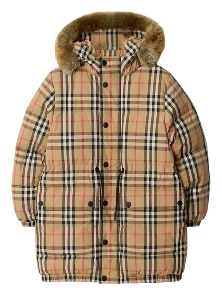 Клетчатое пуховое пальто Burberry Kids со съемной отделкой из искусственного меха neutrals