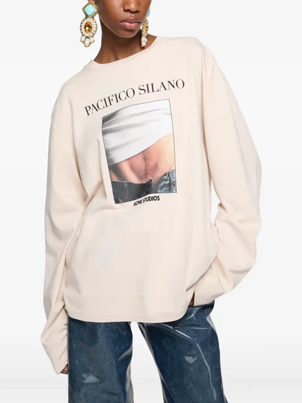 Женская футболка Acne Studios с принтом и длинными рукавами, бежевая