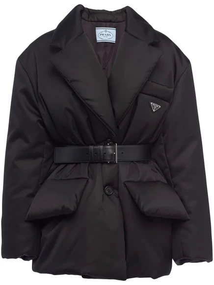 Женская пуховая куртка Prada Re-Nylon с поясом, черная