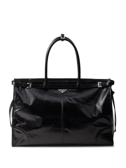 Мужская кожаная сумка-тоут Prada с треугольным логотипом, черная