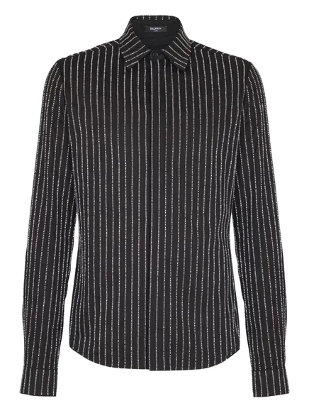 Рубашка в полоску из хлопка Balmain с кристаллами black