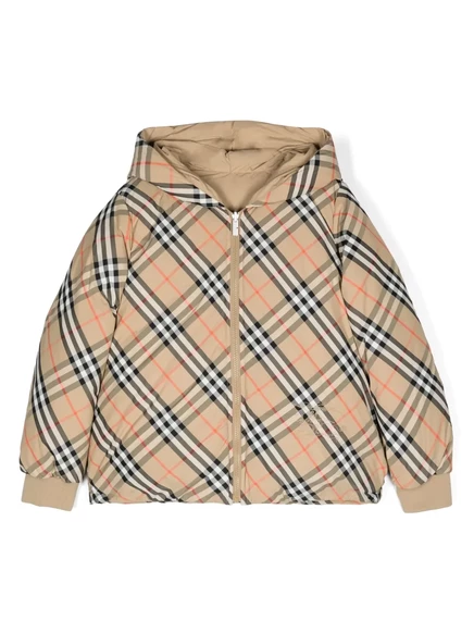 Детская двусторонняя стеганая куртка Burberry Kids с клетчатым узором, бежевая