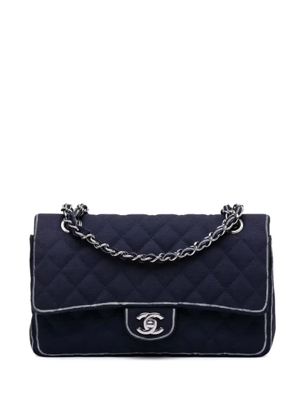 Сумка через плечо с двойным клапаном, бывшая в употреблении у CHANEL в 2014 году, с классическим принтом в крупный рубчик среднего размера