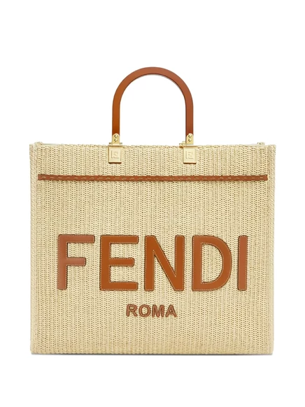 Женская сумка-тоут Fendi Sunshine среднего размера из рафии и кожи, бежевая