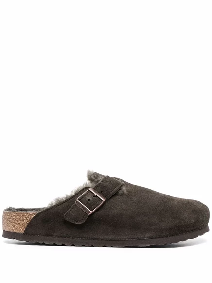 Мужские тапочки Birkenstock Boston замшевые с овчиной, коричневые